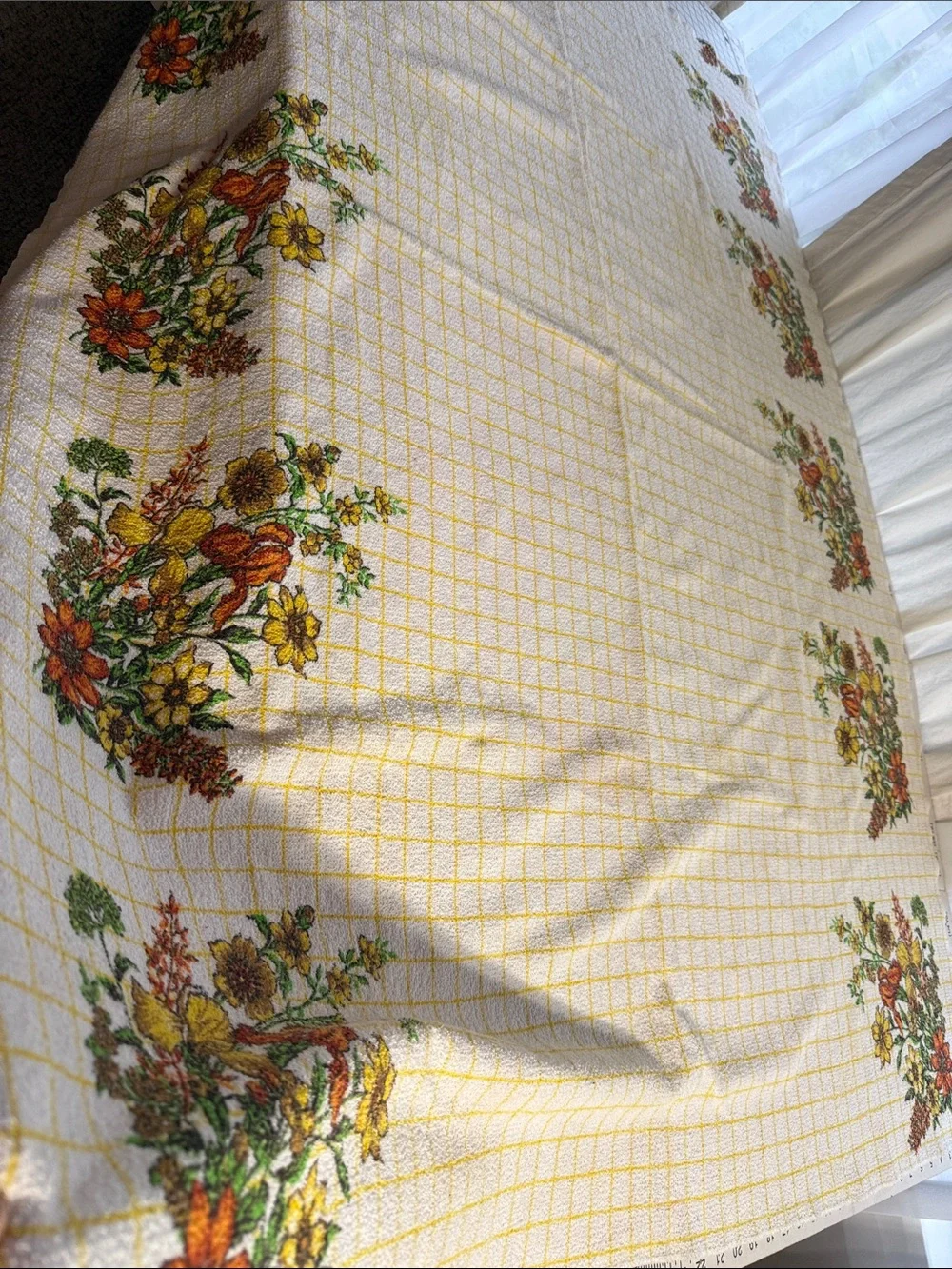 Vintage 1970s Terry Cloth Tablecloth 66 x 46 Harvest Floral Yellow Grid Cottage